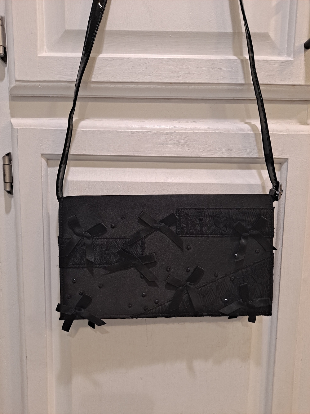 Prabal Gurung Black Satin Bow Lace Rhinestone Shoulder Crossbody Clutch Bag Goth